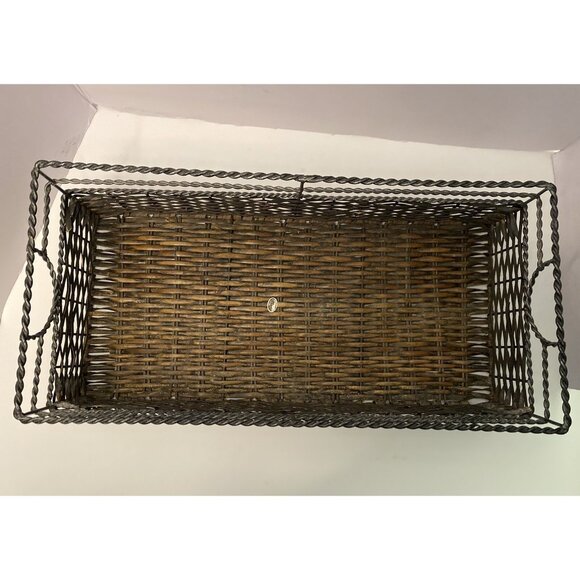 Woven Rectangular Wicker Rattan Basket Handles Metal Frame Organizer - Picture 3 of 9